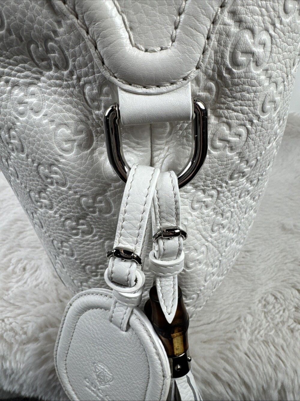 GUCCI GG SHW Techro Horsebit Medium Hobo Hand Bag 240216 Calfskin Leather White - Picture 8 of 16